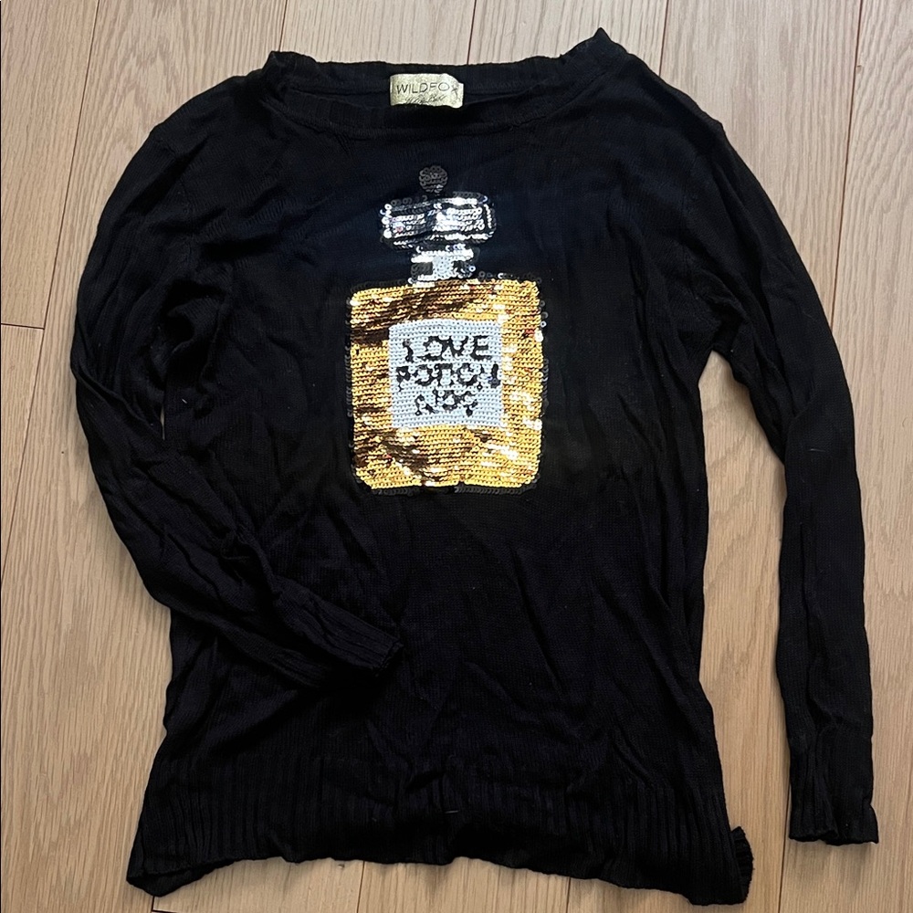 Wildfox Black Sweater with Gold and Silver Sequin Perfume Design